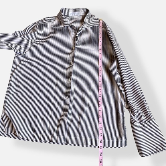 Vintage 90s Burberrys Navy and Nude Striped Blouse Button Front Shirt Large - Picture 11 of 12
